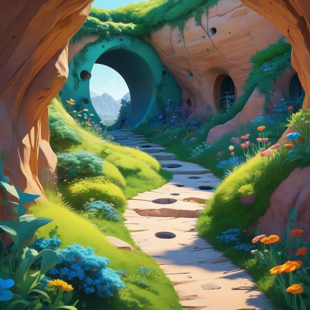 A whimsical landscape featuring a colorful array of quirky holes and tunnels, with vibrant cartoonish characters joyfully exploring and interacting with the environment. The scene should include exaggerated gradients of blues and greens to evoke a sense of adventure, with playful elements like bouncing springs and twisting paths that invite curiosity. Incorporate a bright, sunlit sky to enhance the fun and carefree atmosphere. cartoon style. vibrant colors. playful mood.