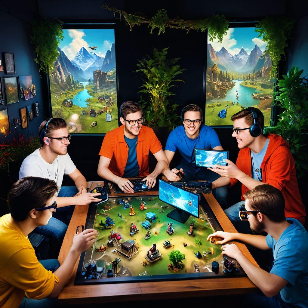 A lively scene depicting a diverse group of gamers and hobbyists engaged in various interactive adventures like tabletop games and VR experiences, surrounded by vibrant personalities and colorful gaming paraphernalia. Incorporate elements of nature, symbolizing 'Wild Holes' with beautiful landscapes peeking through digital screens, showcasing the convergence of real and virtual worlds. Capture moments of joy, teamwork, and connection among the players. dynamic composition. bright colors. playful style.