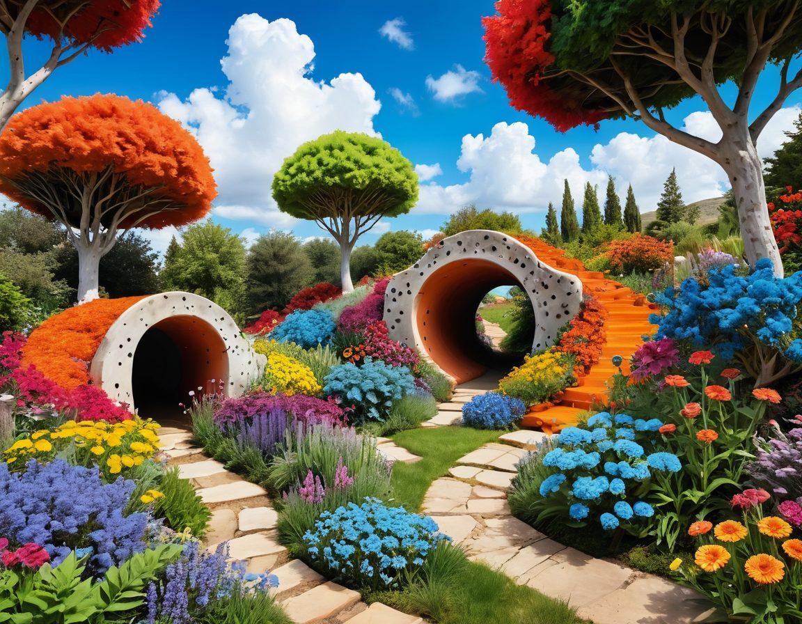 A whimsical landscape filled with colorful and exaggerated crazy holes and zany tunnels winding through a vibrant garden. People of all ages are joyously exploring and laughing as they slide down, pop out, and interact with quirky characters along the way. The sky is a bright blue, dotted with fluffy clouds, and there are playful animals peeking out from the holes. The scene conveys a sense of adventure and fun, inviting viewers to join in on the excitement. cartoonish style. vibrant colors. playful atmosphere.